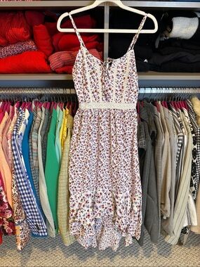 Japna white/pink/blue floral adjustable strap smocked hi low midi dress size S